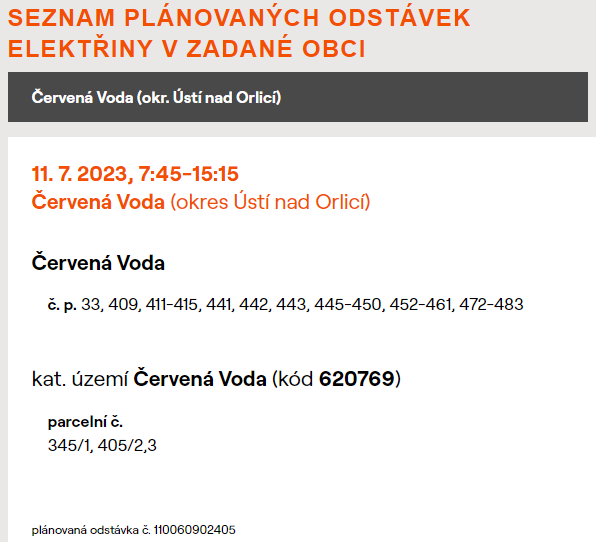 Plánovaná odstávka elektřiny