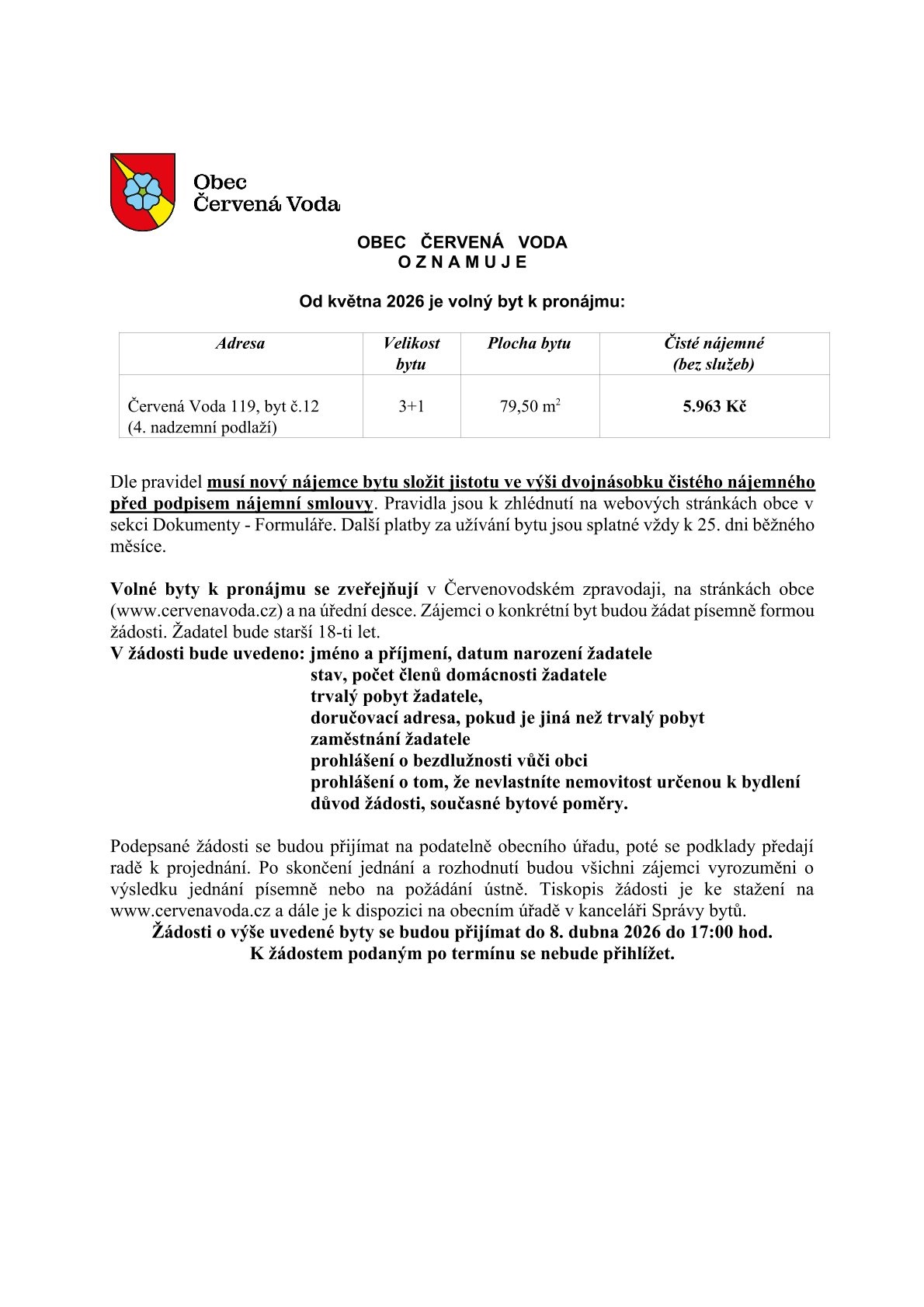 nabídka volného bytu k pronájmu