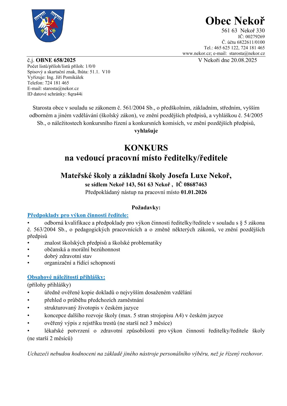 výběrové řízení Nekoř