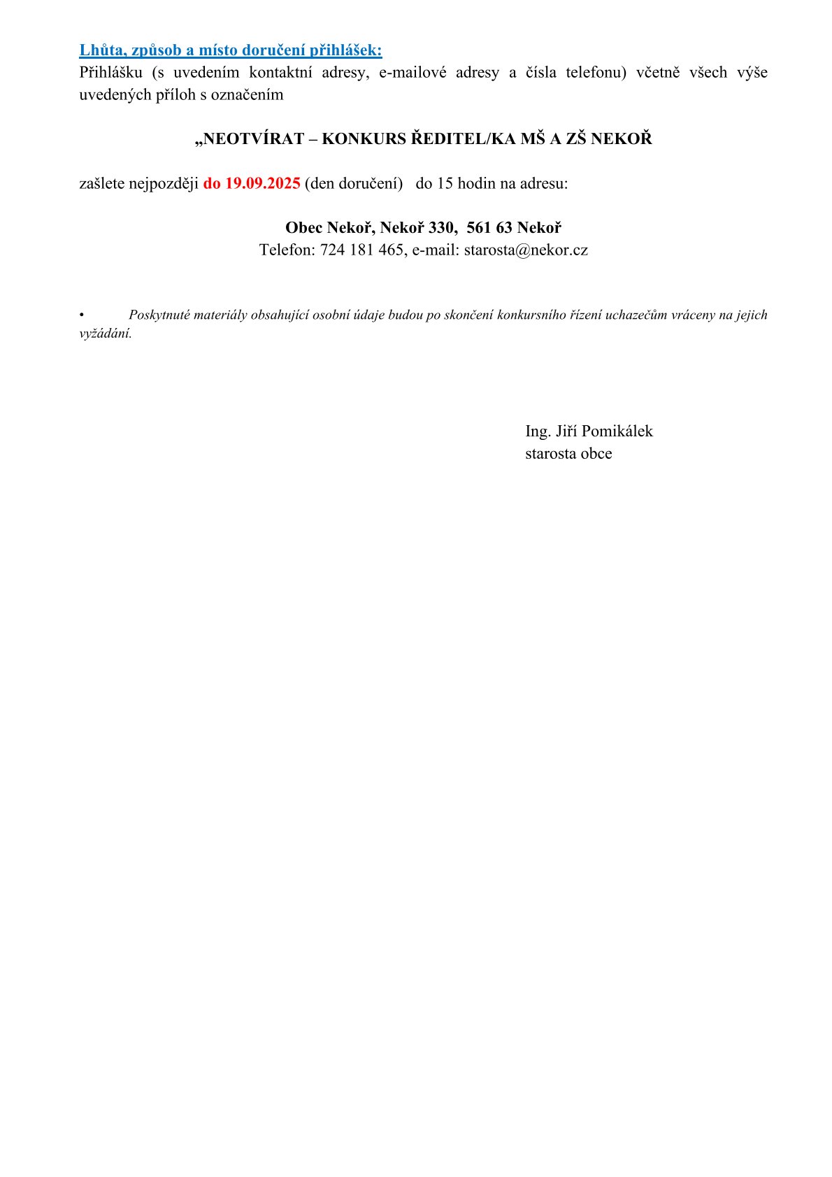 výběrové řízení Nekoř