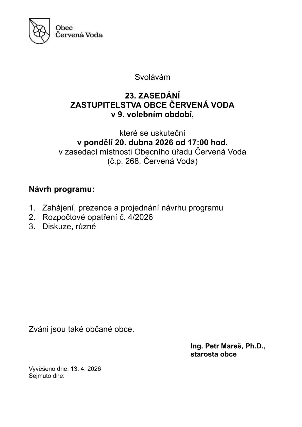 oznámení o zasedání zastupitelstva 20. dubna 2026