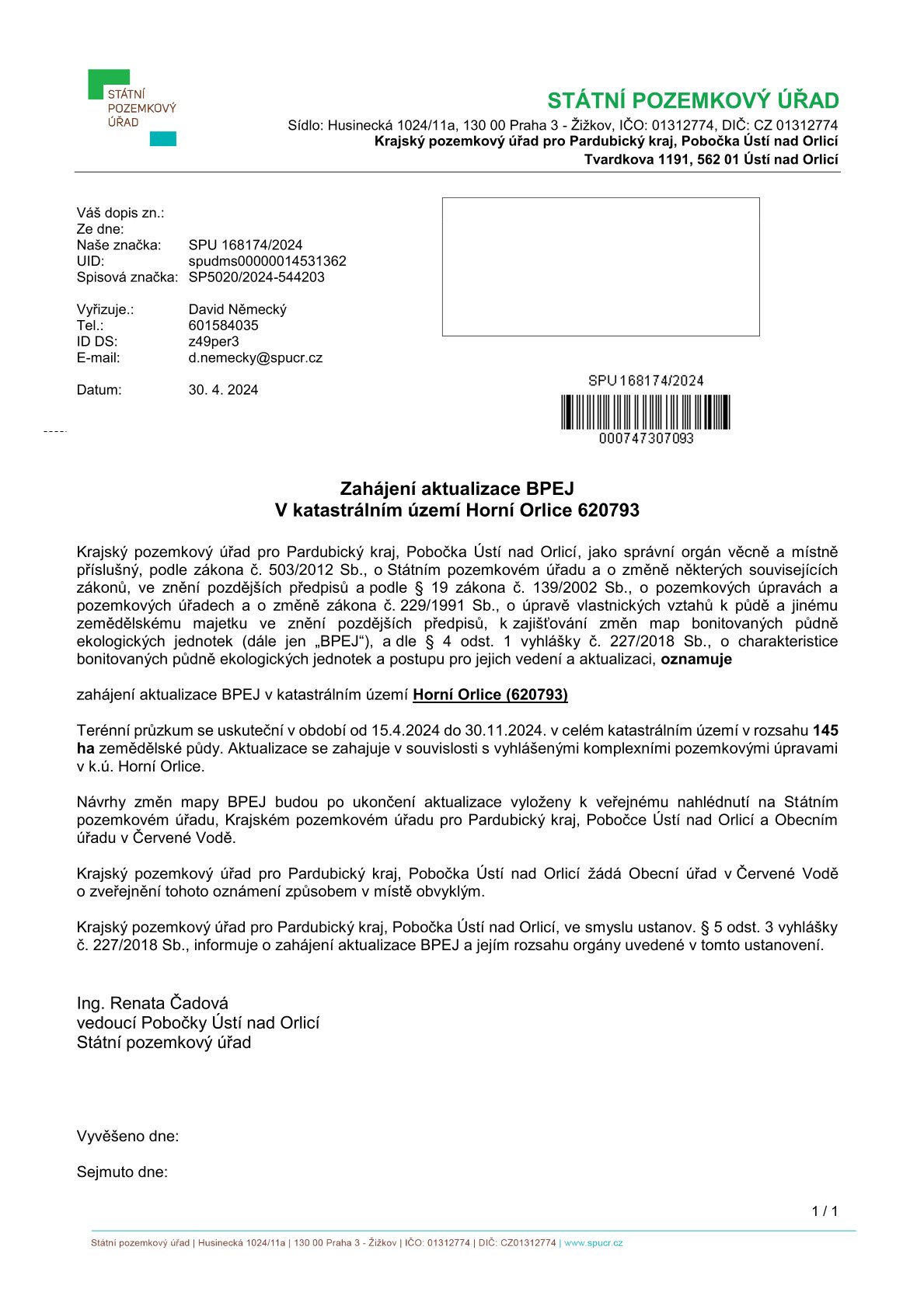 Zahájení aktualizace BPEJ V katastrálním území Horní Orlice 620793